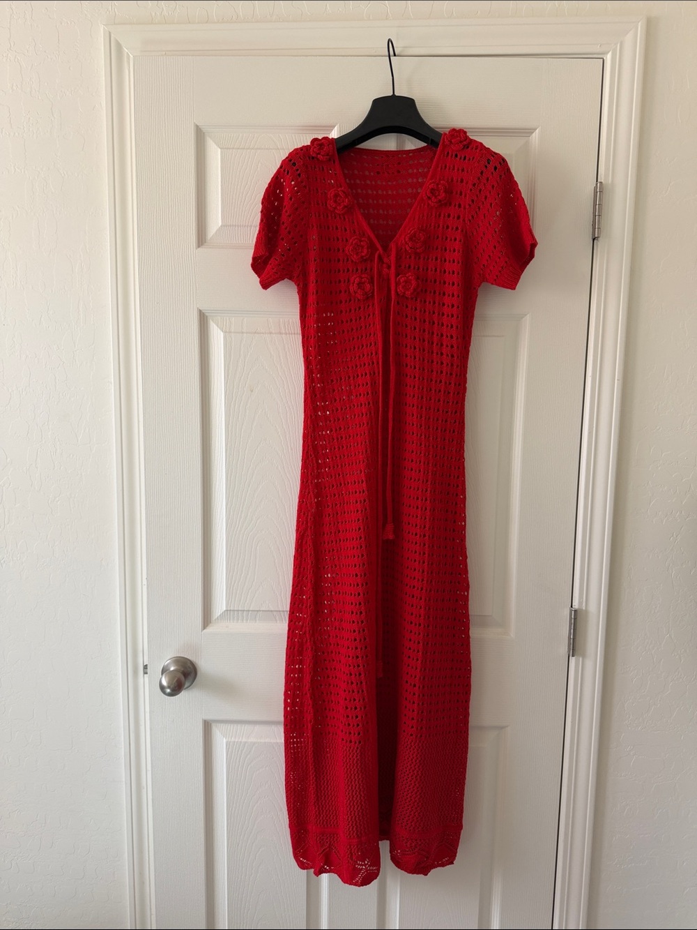Red Crochet Maxi Dress with Floral Accents